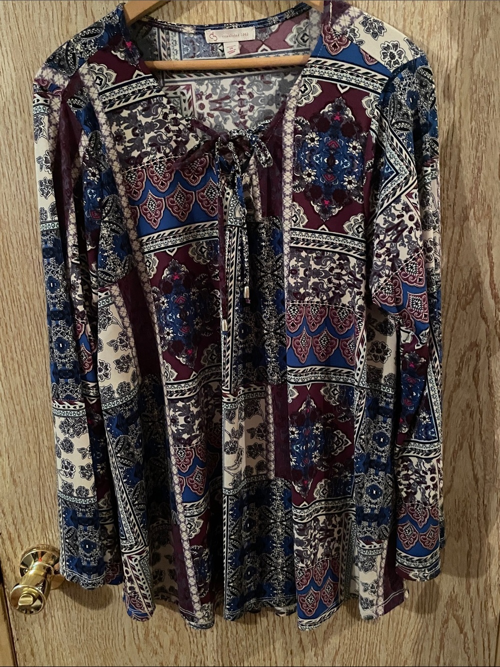CB Multicolor Printed Tie-Neck Blouse - Blue, Burgundy, Cream